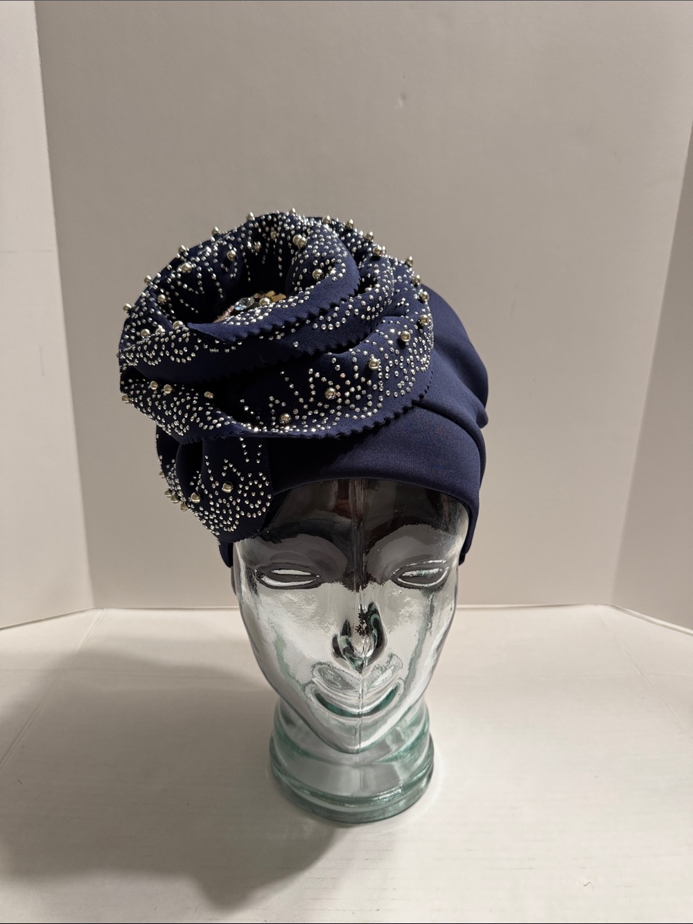 Women's Navy Embellished Floral Turban Hat